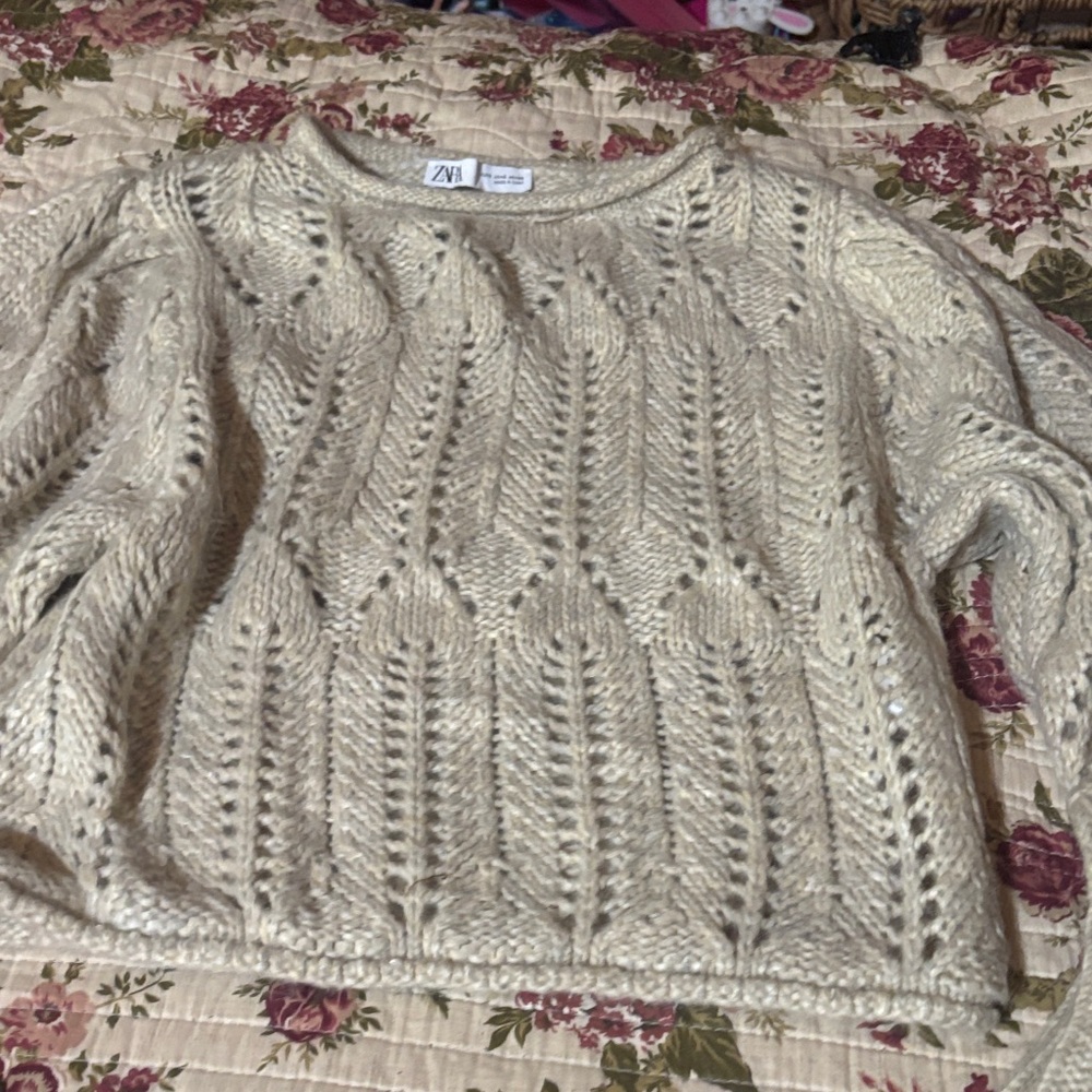 Zara Cream Open-Weave Scoop Neck Sweater